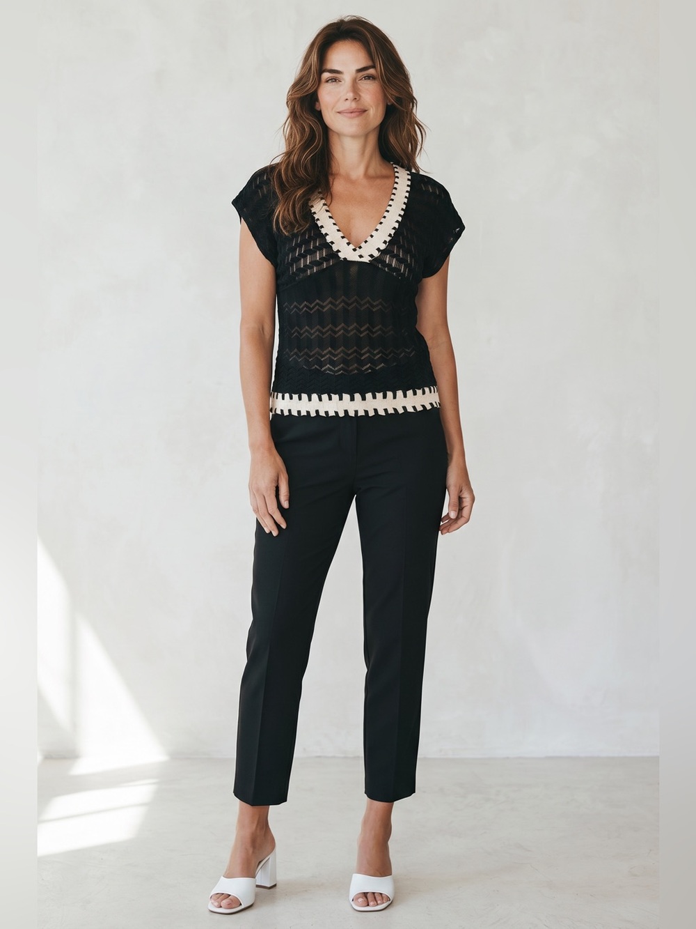 M Missoni Knit Black Cap Sleeve Top with White & Black Trim Semi-Sheer XS